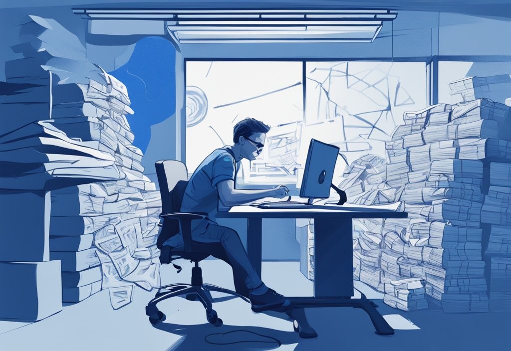 Moderne digitale Illustration: Person am Schreibtisch, betrachtet KfW-Logo auf Computerbildschirm, daneben ein Stapel Euro-Banknoten und Baupläne.