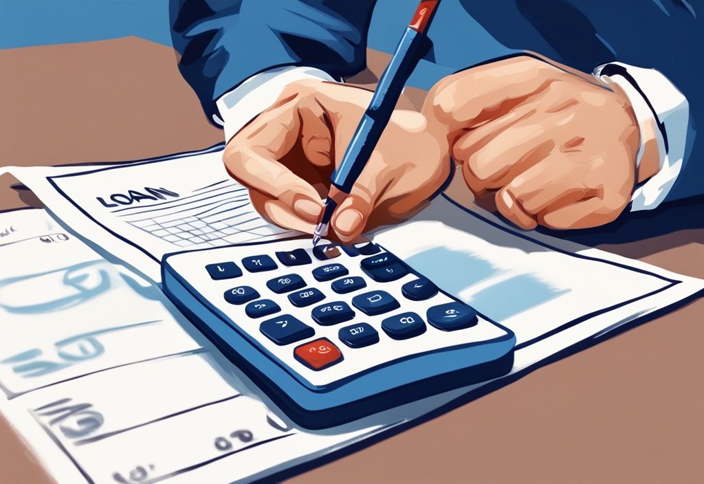 Moderne digitale Illustration in Blau: Hand hält Stift über Vertrag mit "Darlehensvereinbarung über 150.000 Euro", daneben ein Taschenrechner mit Gesamtkostenanzeige, was kostet ein Kredit über 150.000 Euro.