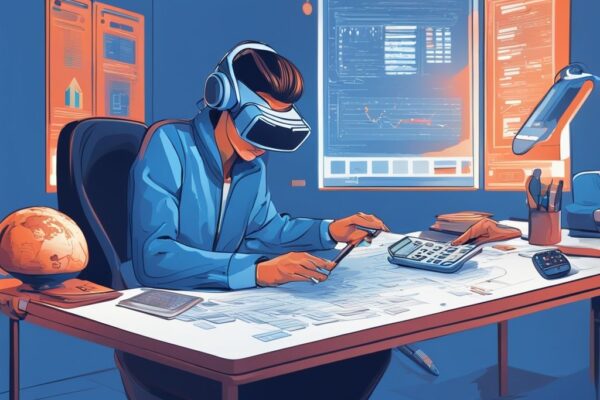 Person mit VR-Headset am Tisch mit Bankwerkzeugen, in digitale Schnittstelle für VR Bank Kredit vertieft.