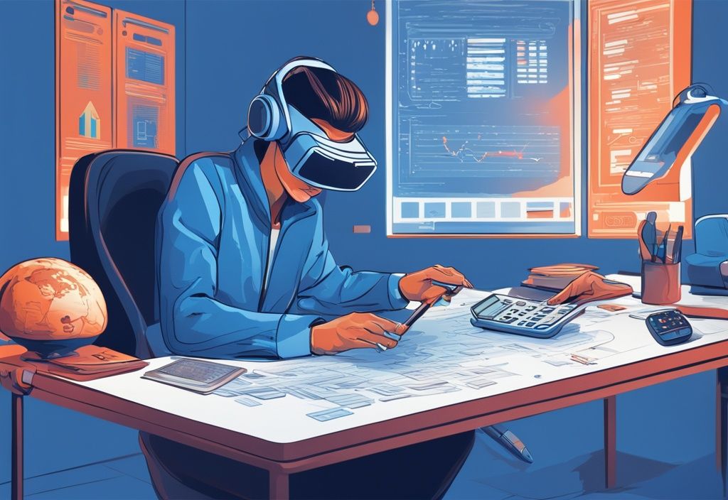 Person mit VR-Headset am Tisch mit Bankwerkzeugen, in digitale Schnittstelle für VR Bank Kredit vertieft.
