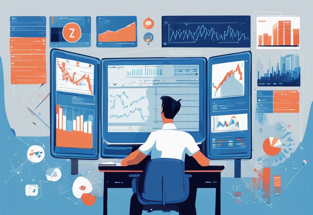 Moderne digitale Malerei einer Person, die einen digitalen Bildschirm mit verschiedenen Wertpapieren, Pfeilen, Grafiken und Zahlen studiert, symbolisiert Kredit auf Wertpapiere in blauer Farbgebung.
