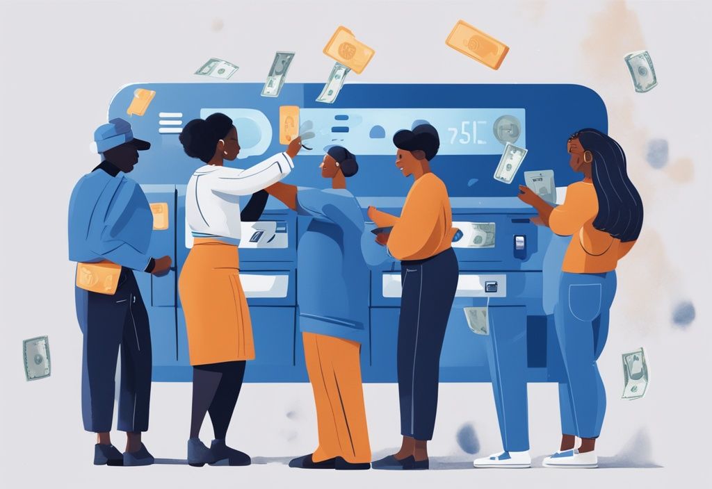 Moderne digitale Malerei, diverse Gruppe von Menschen, die Bargeld in einen großen symbolischen Kreditkartenschlitz einführen, Hauptfarbe Blau