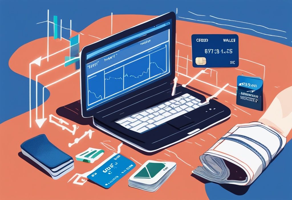Digitale Illustration einer Brieftasche mit Kreditkarten neben einem Computerbildschirm, der den Prozess zur Erlangung eines Überziehungskredits zeigt, unterstrichen von einem schwankenden Finanzdiagramm in Blau.