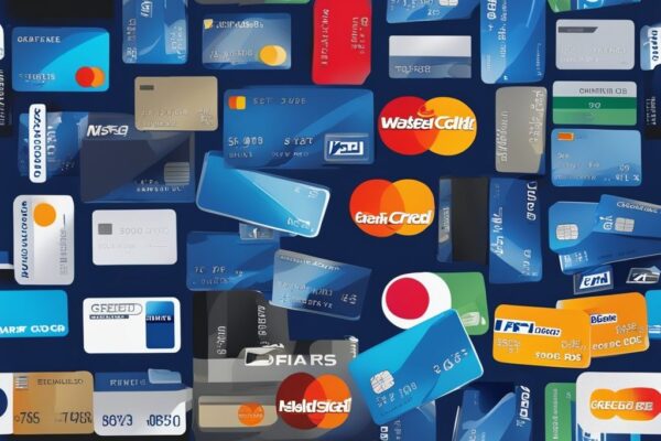 Digitale Illustration moderner Kreditkarten in Blau, die verschiedene Kreditarten wie Revolving Credit, Charge Cards und Ratenkredite darstellen.