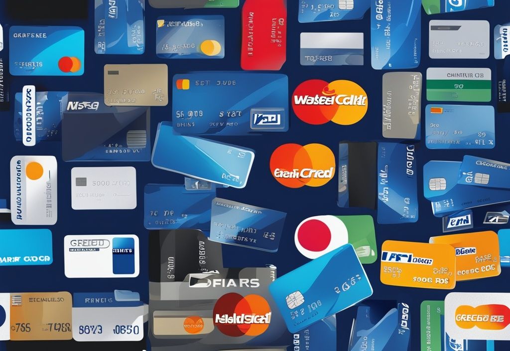 Digitale Illustration moderner Kreditkarten in Blau, die verschiedene Kreditarten wie Revolving Credit, Charge Cards und Ratenkredite darstellen.