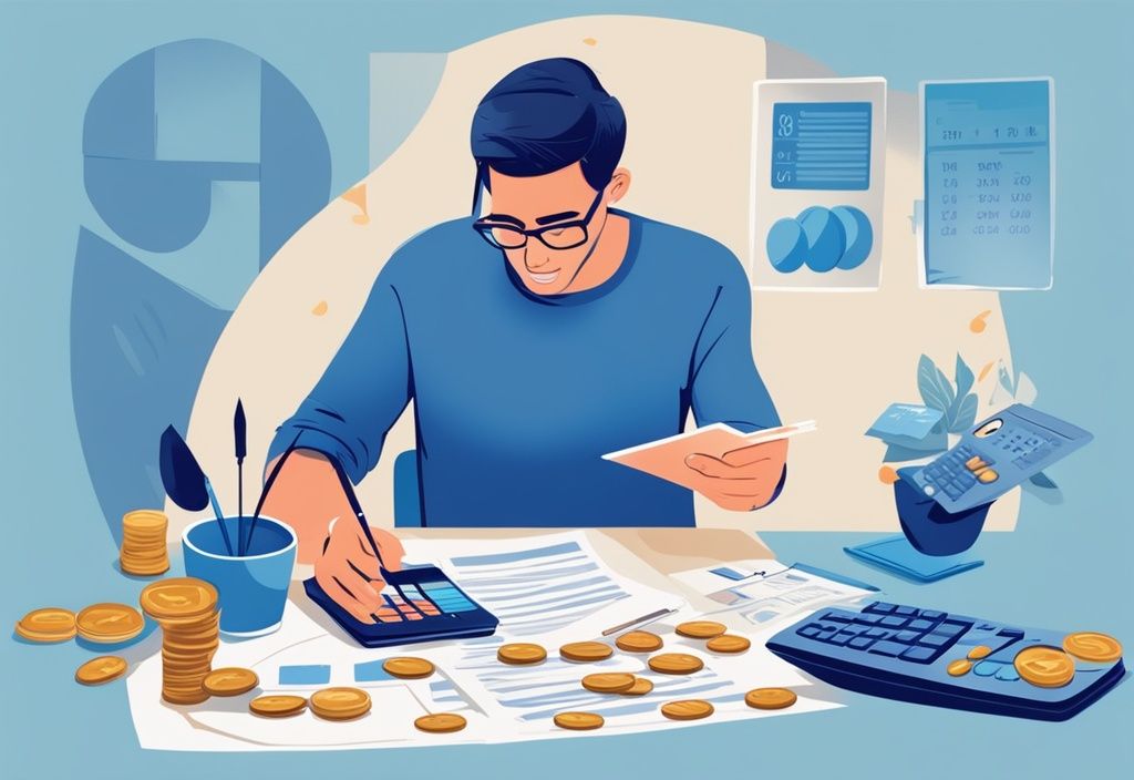Person berechnet auf einem Budgetblatt, wie viel Prozent vom Gehalt für Kredit verwendet werden, umgeben von einem Taschenrechner, gestapelten Münzen und einer Tasse Kaffee.