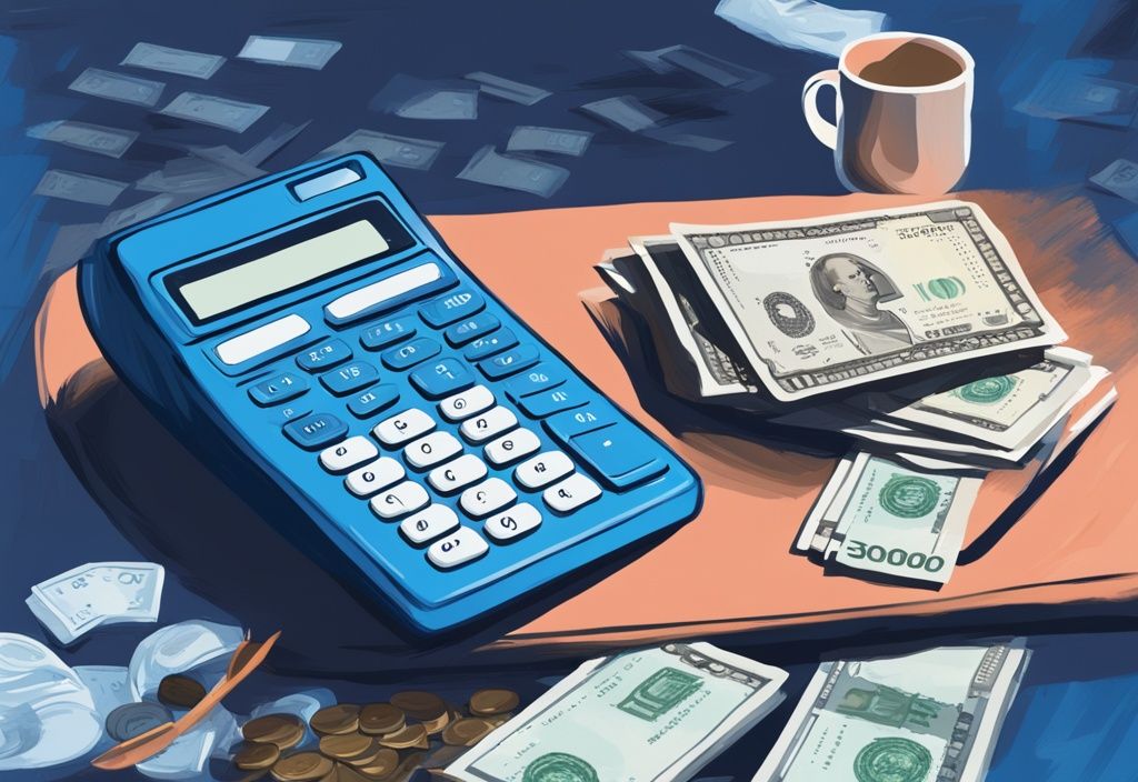 Moderne digitale Illustration, blauer Farbton, Taschenrechner neben 300.000 Euro Geldstapel, zeigt mögliche Kreditrückzahlung mit hervorgehobenen Zinssätzen, was kostet ein Kredit über 300.000 Euro.