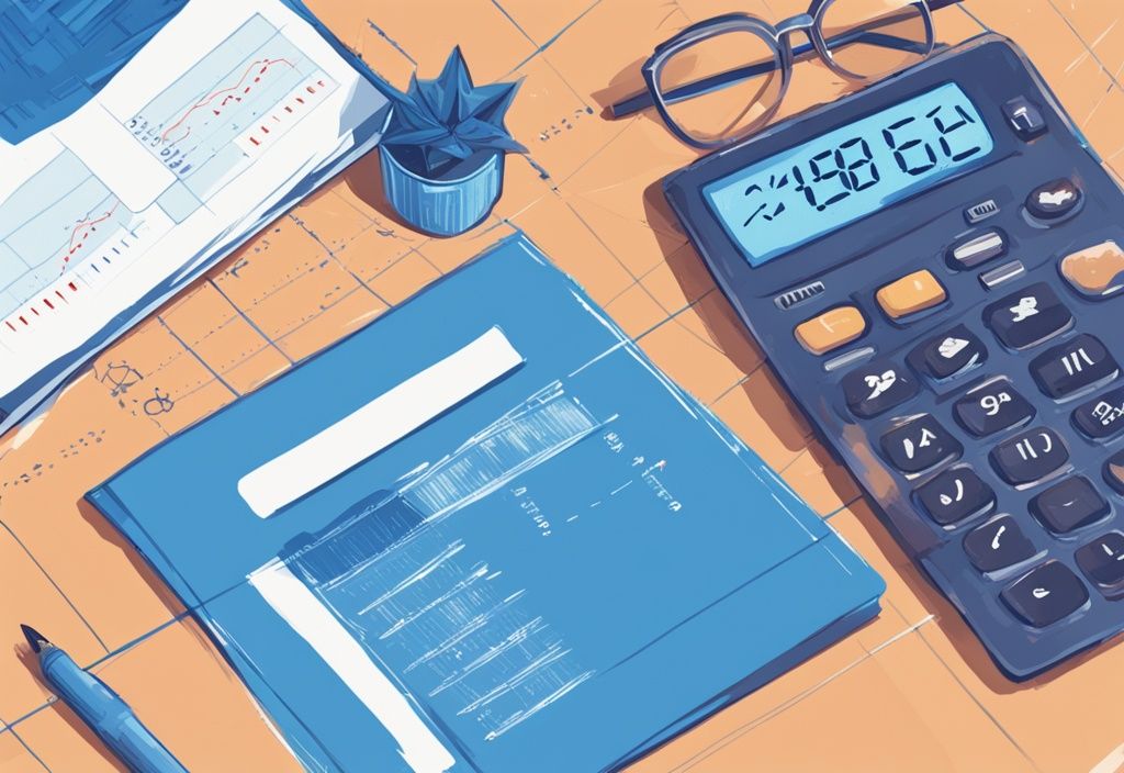 Moderne digitale Malerei mit blauem Farbschema, Darlehensvertrag auf einem Tisch, Taschenrechner zeigt effektiven Jahreszins, nebenan Millimeterpapier mit Zinswachstum über die Zeit