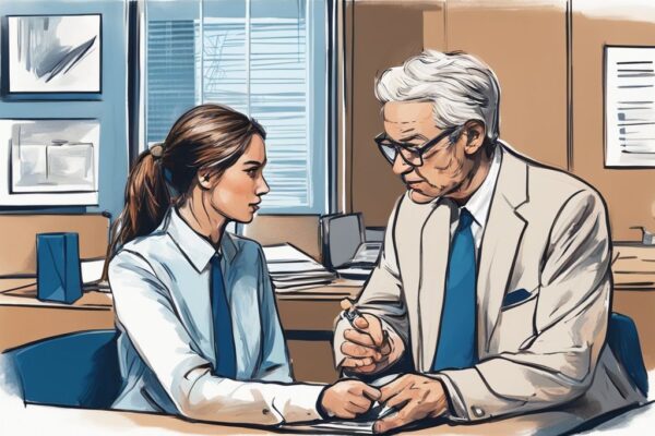 Junger Azubi diskutiert im Bankbüro mit einem Seniorberater über wie viel Kredit als Azubi möglich ist, moderne digitale Malerei in Blau.