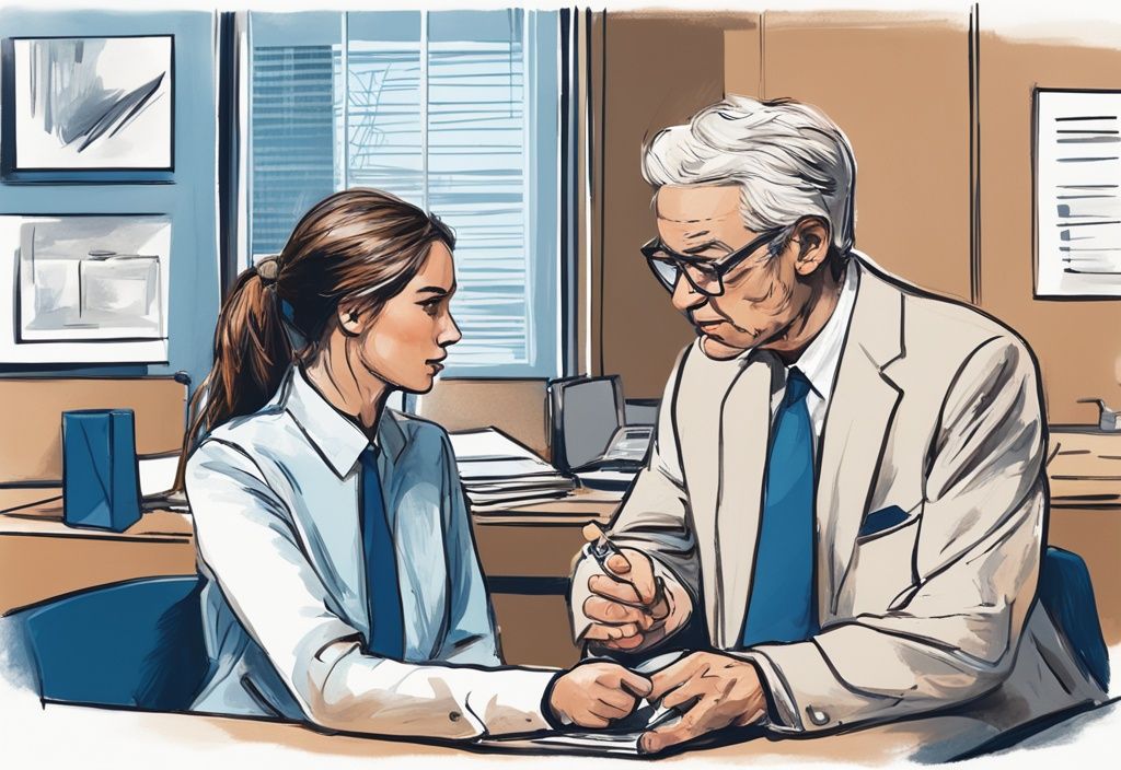 Junger Azubi diskutiert im Bankbüro mit einem Seniorberater über wie viel Kredit als Azubi möglich ist, moderne digitale Malerei in Blau.