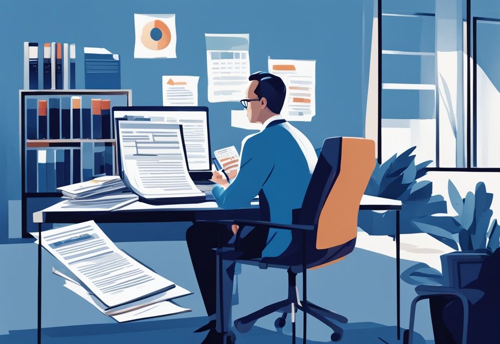 Moderne digitale Malerei eines Bankers, der an einem Schreibtisch sitzt und Kreditbericht, Einkommensnachweis und Sicherheiten eines potenziellen Kreditnehmers prüft, Hauptfarbe Blau.