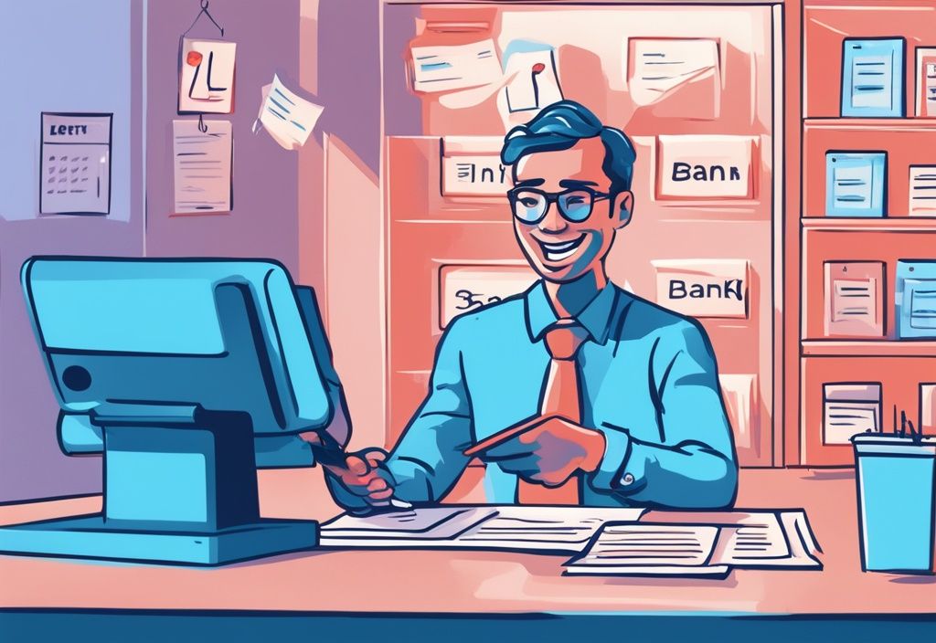 Moderne digitale Illustration mit blauem Farbschema zeigt eine erleichterte Person am Bankschalter, die erfolgreich Kreditdokumente erhält, symbolisierend für welche Bank gibt Kredit trotz negativer Schufa und Hartz 4.