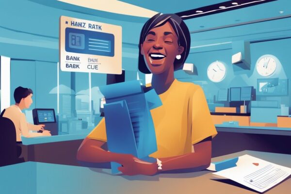 Moderne digitale Illustration einer Person, die erfolgreich Kreditdokumente bei einer Bank trotz negativer Schufa und Hartz 4 erhält - welche Bank gibt Kredit trotz negativer Schufa und Hartz 4.