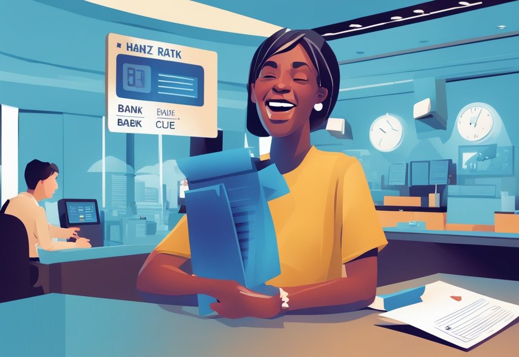 Moderne digitale Illustration einer Person, die erfolgreich Kreditdokumente bei einer Bank trotz negativer Schufa und Hartz 4 erhält - welche Bank gibt Kredit trotz negativer Schufa und Hartz 4.