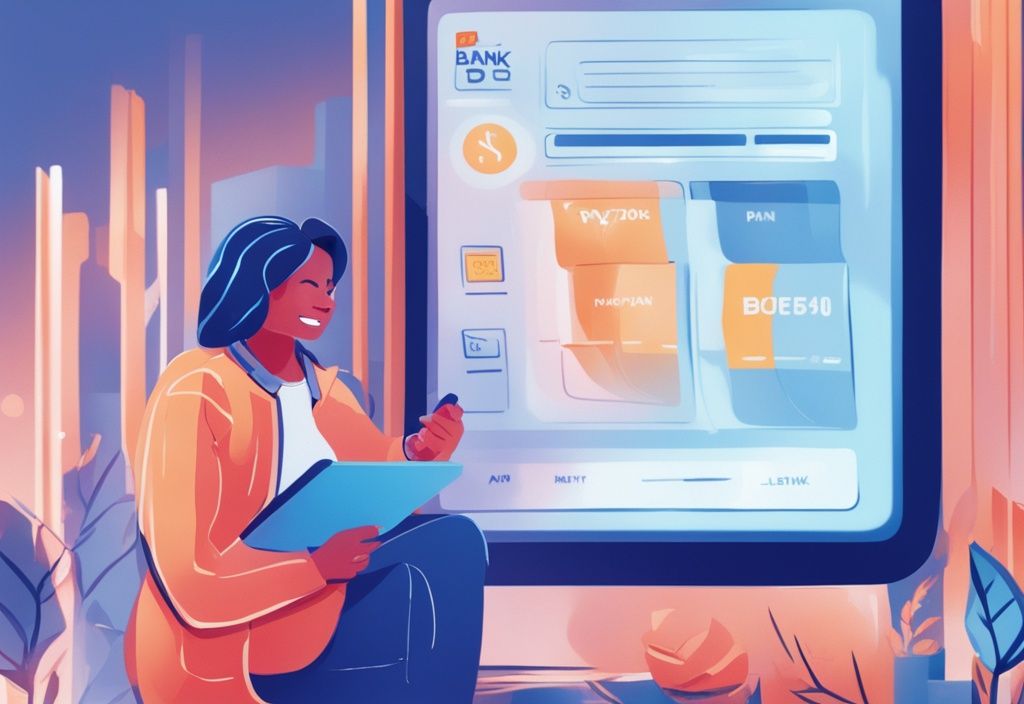 Moderne digitale Malerei, Person zeigt Freude und Erleichterung vor einem Bildschirm mit der Anzeige "DSL Bank Darlehen genehmigt: Auszahlung steht bevor