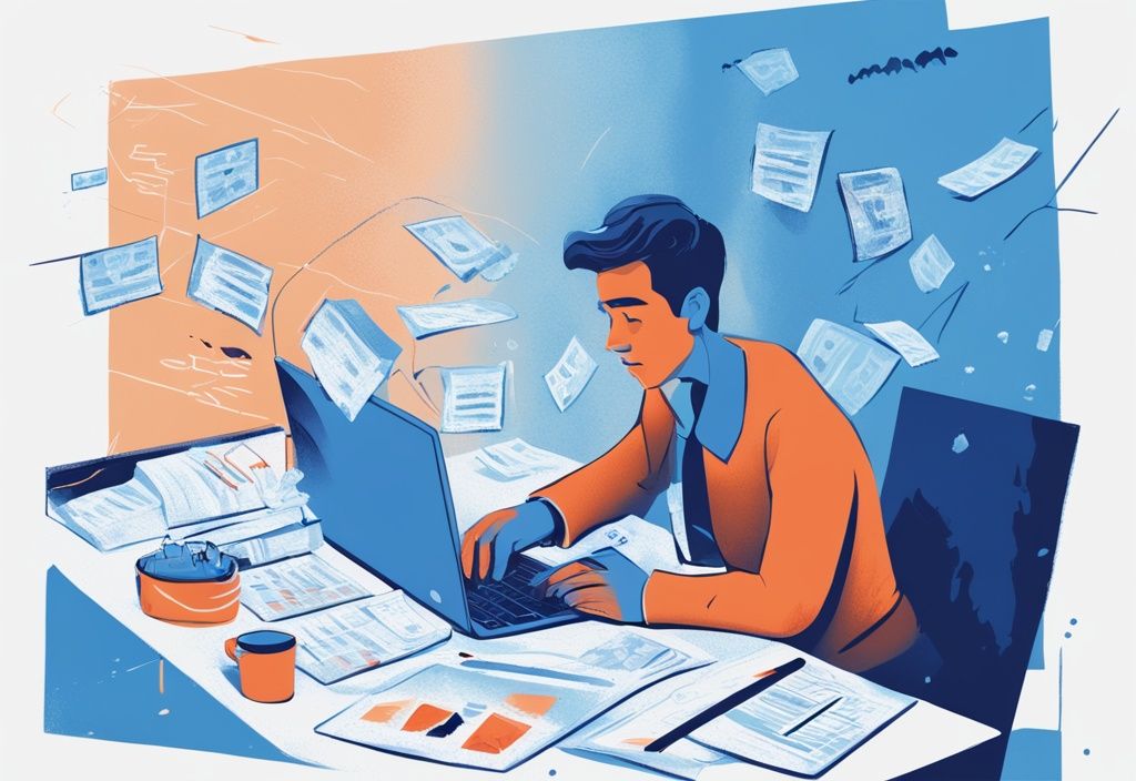 Moderne digitale Illustration in Blau: Person sitzt gestresst am Schreibtisch mit Rechnungen und Laptop, zeigt Kredit-Score-Bildschirm mit sinkendem Graphen, was passiert mit Kredit bei Privatinsolvenz.