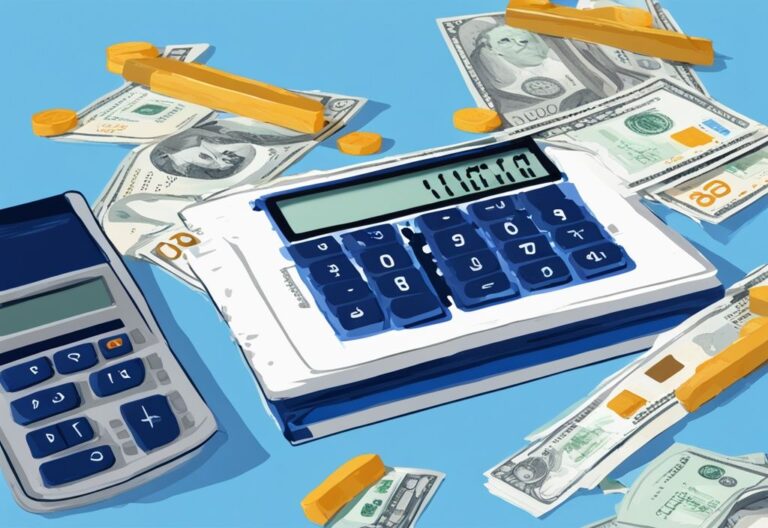 Moderne digitale Illustration, blaue Farbtöne, Taschenrechner neben 300.000 Euro Geldstapel, zeigt mögliche Kreditrückzahlung mit hervorgehobenen Zinssätzen, was kostet ein Kredit über 300.000 Euro.