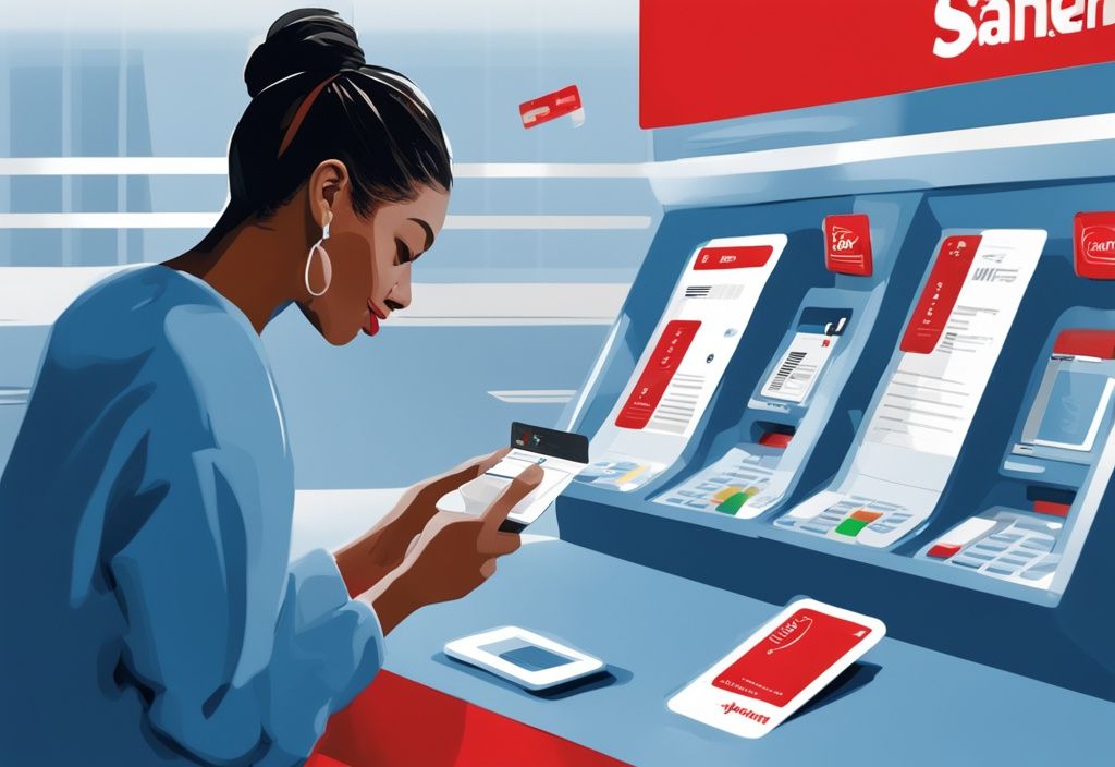 Digitale Illustration einer Person, die zufrieden die Kreditkartenseite der Santander Bank auf einer blauen Website durchsucht.