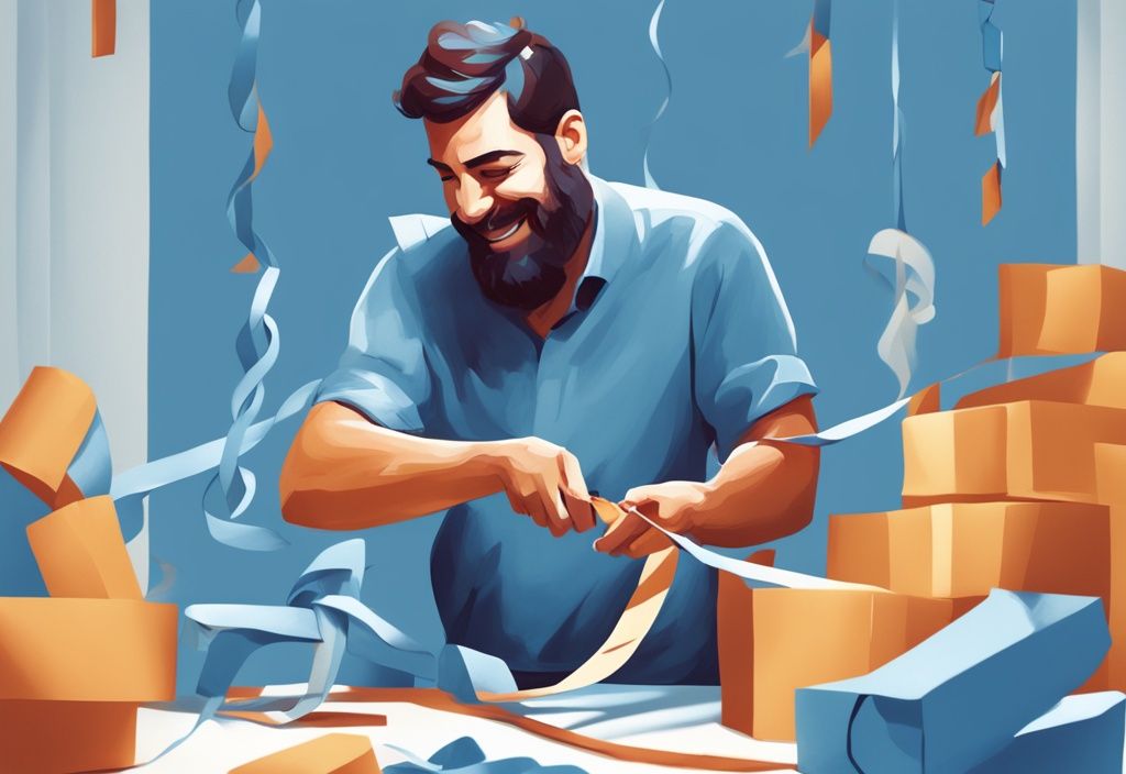 Moderne digitale Malerei, Mann schneidet freudig eine Papierkette, die ein KfW-Darlehen symbolisiert, vorzeitige Rückzahlung, Hauptfarbe Blau