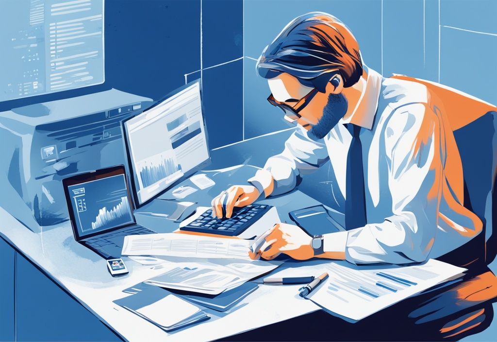 Moderne digitale Illustration einer Person, die an einem Schreibtisch sitzt, mit einem Taschenrechner arbeitet und Unterlagen zu einem 100.000 Euro Kredit durchsieht, während im Hintergrund ein Computerbildschirm mit einer Finanzwebsite zu sehen ist.