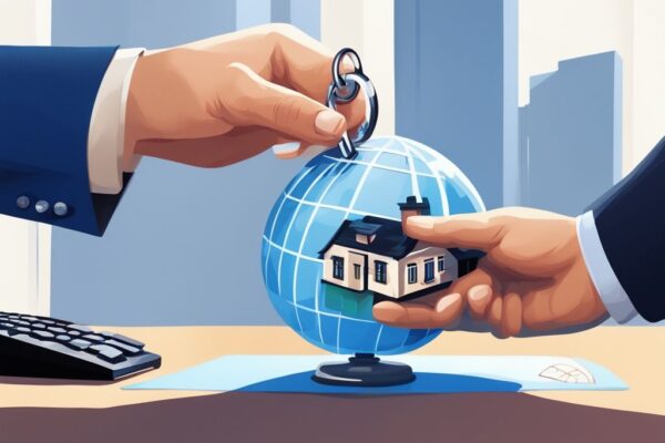 Moderner digitaler Gemälde-Illustration mit blauem Farbschema zeigt Bankvertreter in formeller Kleidung, der einem Kunden einen hausschlüssel-förmigen Schlüsselanhänger überreicht, mit einem Globus im Hintergrund, der verschiedene Länder hervorhebt; welche Bank gibt Kredit für Immobilie im Ausland.