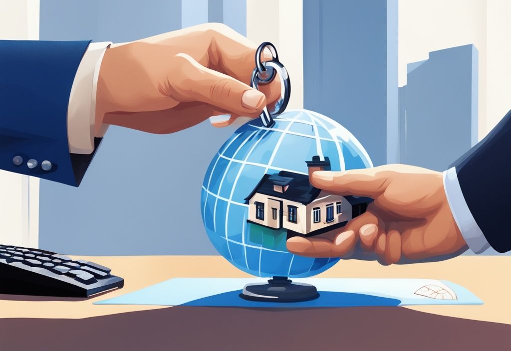 Moderner digitaler Gemälde-Illustration mit blauem Farbschema zeigt Bankvertreter in formeller Kleidung, der einem Kunden einen hausschlüssel-förmigen Schlüsselanhänger überreicht, mit einem Globus im Hintergrund, der verschiedene Länder hervorhebt; welche Bank gibt Kredit für Immobilie im Ausland.