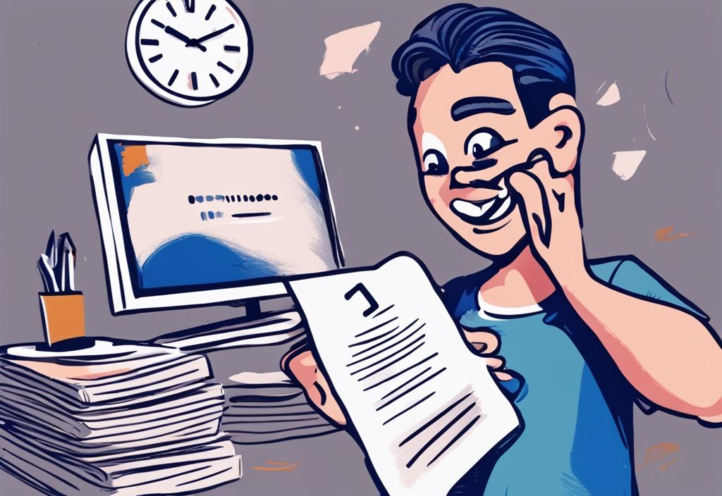 Moderne digitale Illustration in Blau, eine glückliche Person hält triumphierend ein Bon Kredit Abkommen, digitale Uhr im Hintergrund zeigt kurze Dauer, symbolisiert schnelle Auszahlung, Bon Kredit wie lange dauert die Auszahlung.