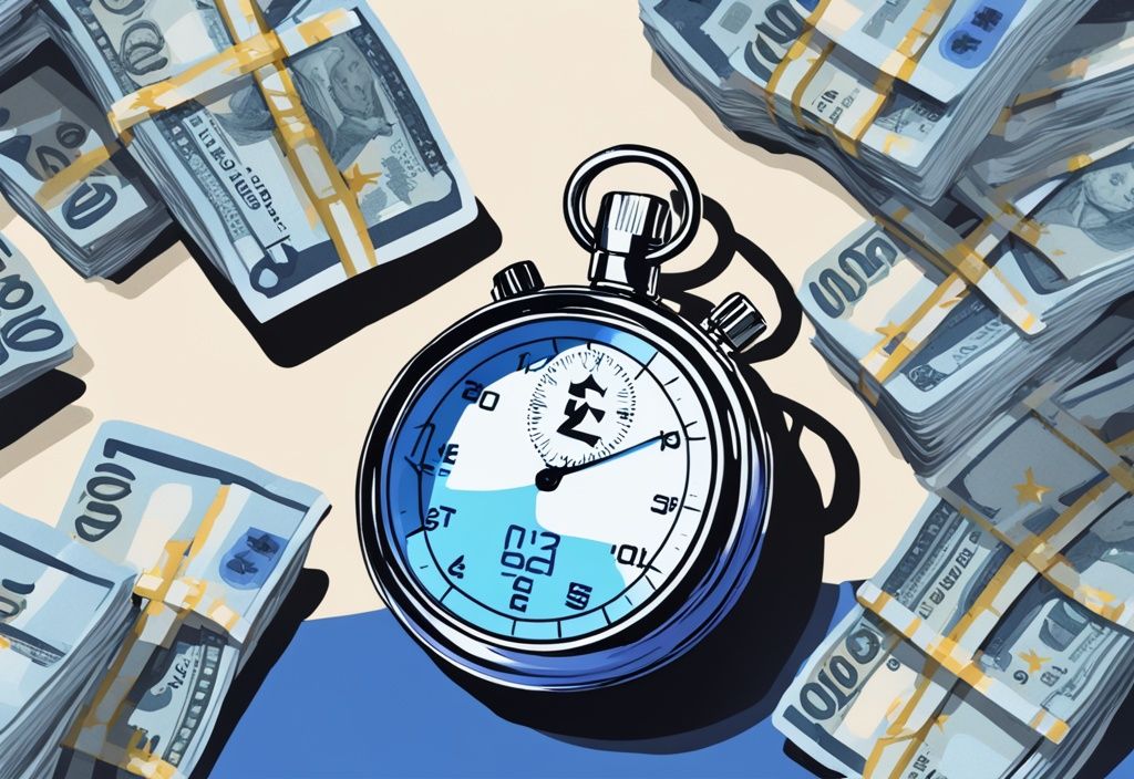 Digitale Illustration, Stoppuhr neben einem Stapel Euro-Scheine, Bon Kredit Logo im Hintergrund, symbolisiert schnelle Auszahlung