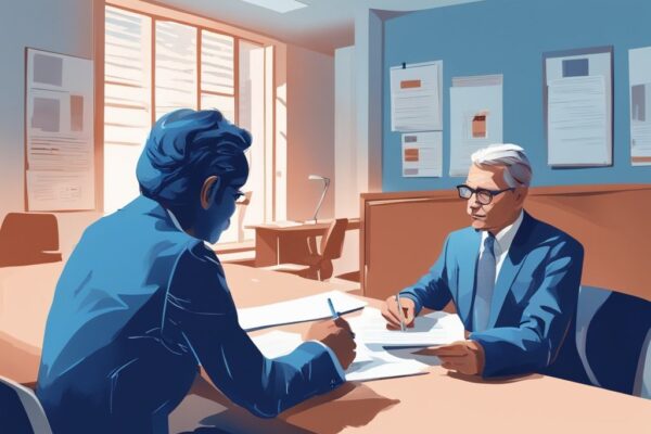 Moderne digitale Illustration in Blau: Person im Gespräch mit freundlichem Bankberater in moderner Bankfiliale, Krankengeld-Dokument auf dem Tisch sichtbar, welche Bank gibt Kredit trotz Krankengeld.