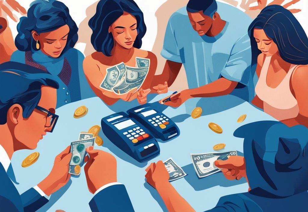Moderne digitale Malerei mit blauem Farbschema, diverse Gruppe von Menschen steckt Bargeld in einen großen symbolischen Kreditkartenschlitz