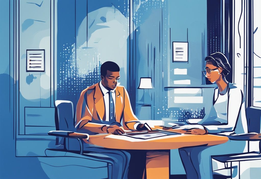 Digitale Illustration des Kreditprozesses mit blauer Farbpalette, Person erhält Geld von einer Finanzinstitution und zahlt es mit Zinsen zurück