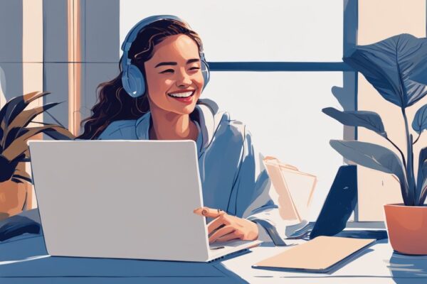 Junge Frau erhält positive Bestätigung für Kurzzeitkredit-Antrag auf Laptop, digitale Illustration in Blau.
