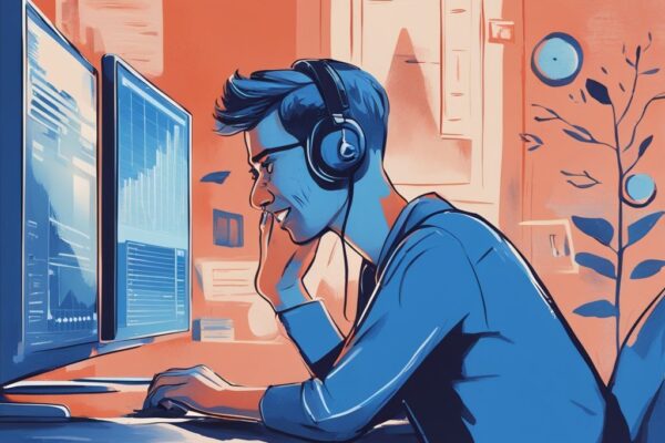 Moderne digitale Illustration eines freudigen Menschen, der niedrige Zinssätze für Kredite auf einem Computerbildschirm analysiert; Hauptfarbthema Blau. Keyword: was ist ein guter Zinssatz für einen Kredit.