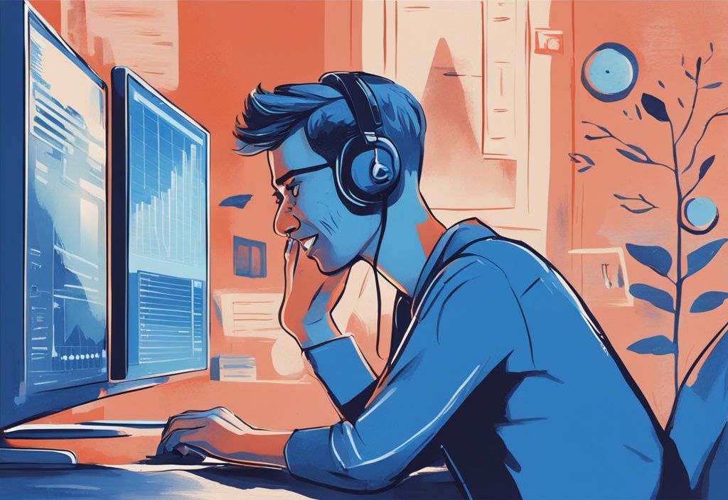Moderne digitale Illustration eines freudigen Menschen, der niedrige Zinssätze für Kredite auf einem Computerbildschirm analysiert; Hauptfarbthema Blau. Keyword: was ist ein guter Zinssatz für einen Kredit.
