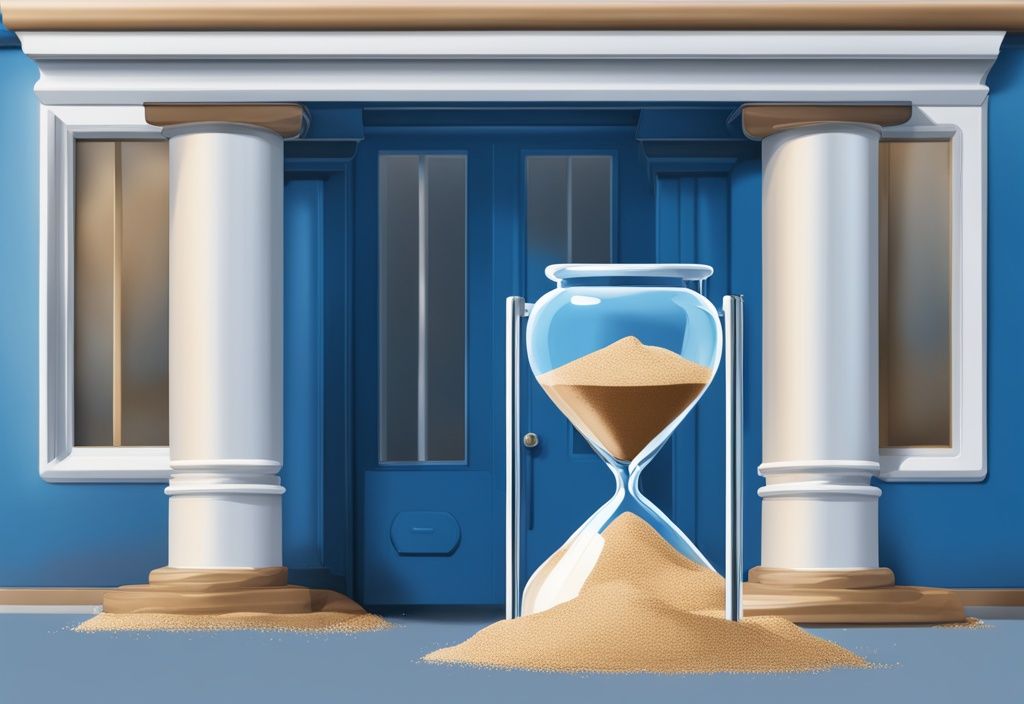 Moderne digitale Malerei mit blauem Farbschema, Sanduhr neben einer Volksbank-Filiale, Sandkörner symbolisieren die Dauer von Kreditauszahlung bei der Volksbank.
