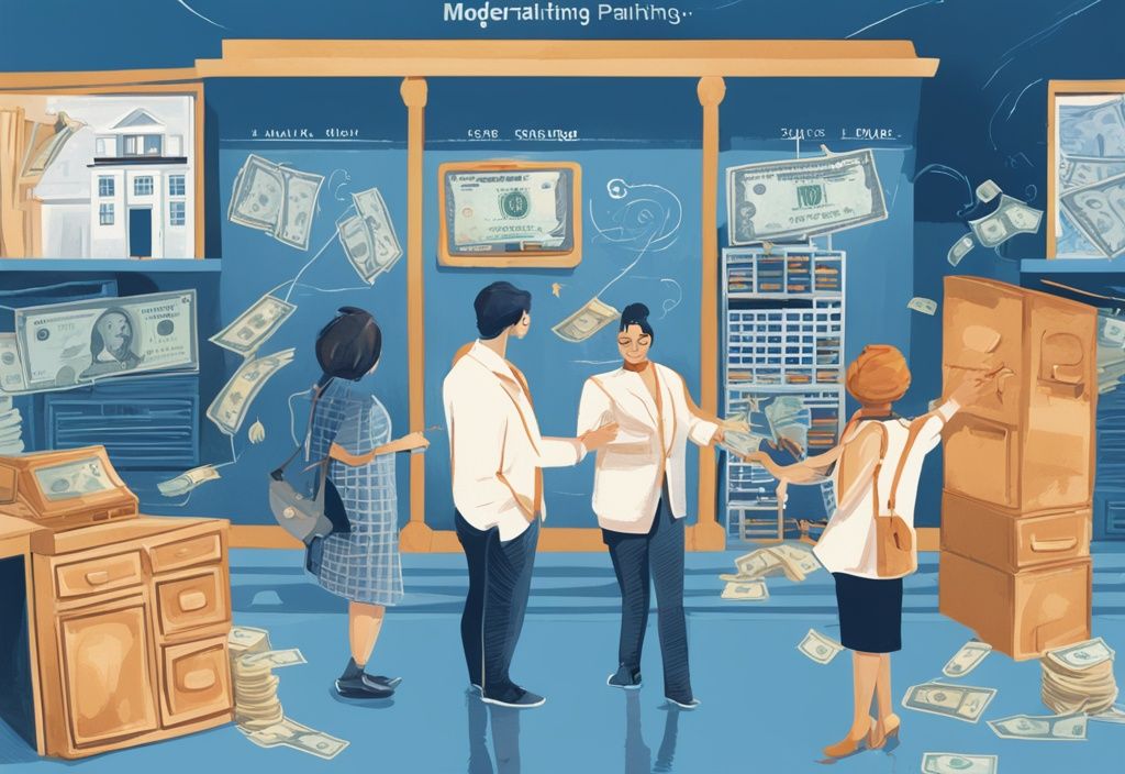 Moderne digitale Illustration in Blau, die eine Zeitleiste mit wichtigen Lebensereignissen wie "Erster Job," "Heirat" und "Hauskauf" zeigt, mit Banknoten oder einer kleinen Bank an jedem Punkt, die die verschiedenen Phasen darstellen, ab wann kann man einen Kredit aufnehmen.