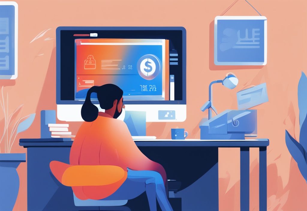 Moderne digitale Malerei, kranke Person am Heimcomputer, Bank-Website mit Banner für Kreditangebote trotz Krankengeld.