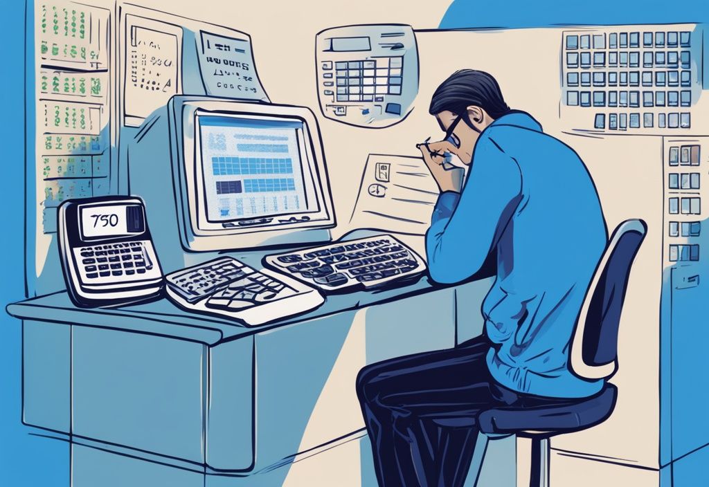 Moderne digitale Illustration einer Person, die über einen Taschenrechner mit der Anzeige 1700 nachdenkt, was die Bedenken über die Kreditfähigkeit bei ihrem Nettoeinkommen widerspiegelt, Hauptfarbthema Blau.
