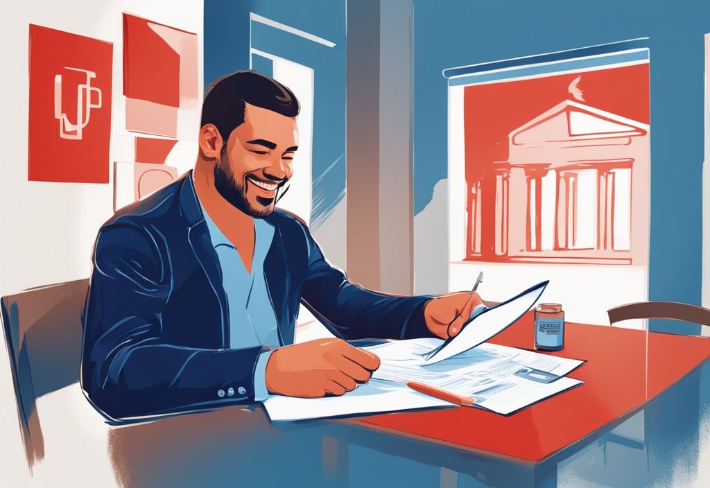 Moderner digitaler Gemäldeillustration mit blauem Farbschema: Zufriedene Person hält ein Dokument mit der Aufschrift "Santander Kredit genehmigt" und sitzt neben einem Tisch, der seinen Auszahlungsplan zeigt.