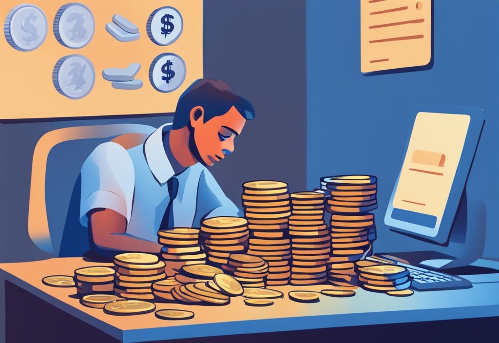 Moderne digitale Illustration eines Menschen, der an einem Schreibtisch sitzt und auf gestapelte Münzen sowie einen Taschenrechner schaut, symbolisiert die Bewertung des Kreditpotenzials mit einem Nettoeinkommen von 4000 Euro, Hauptfarbthema Blau.