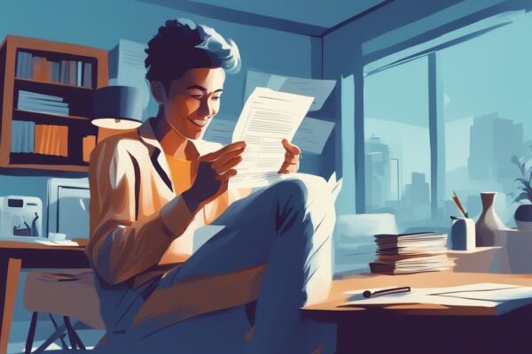 Moderne digitale Illustration eines erleichterten Individuums, das ein Genehmigungsschreiben für Kredit trotz Pfändung liest, mit verblassten Schatten von Inkassobüros im Hintergrund.