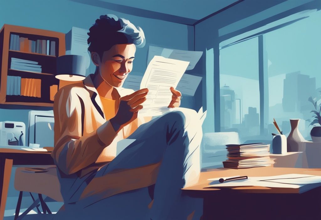Moderne digitale Illustration eines erleichterten Individuums, das ein Genehmigungsschreiben für Kredit trotz Pfändung liest, mit verblassten Schatten von Inkassobüros im Hintergrund.