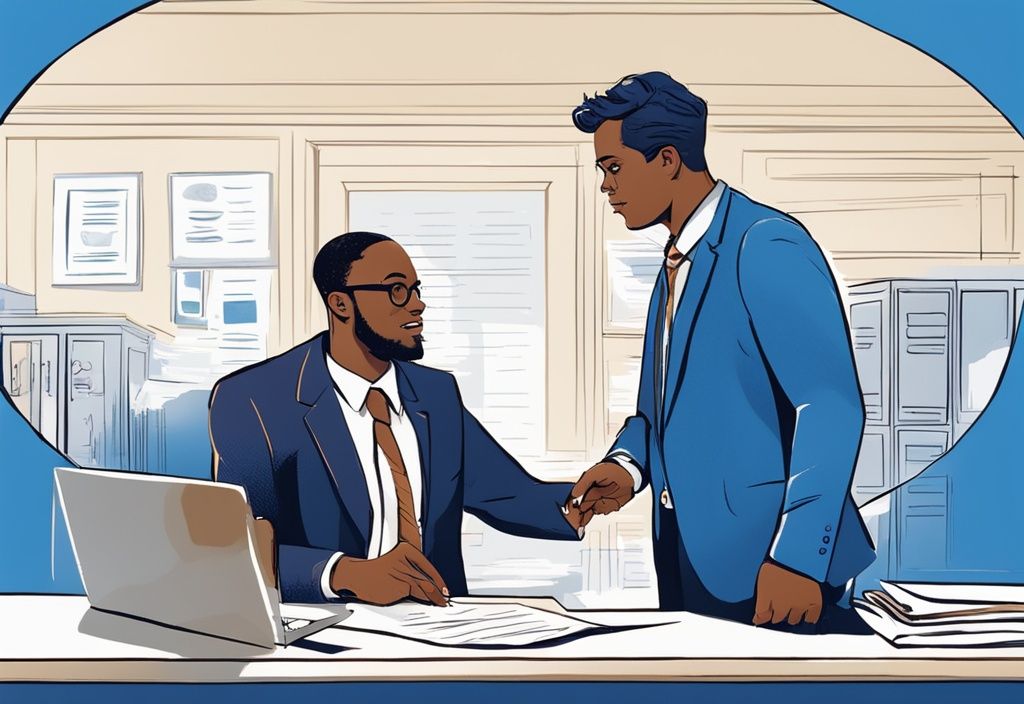 Gut gekleidete Person diskutiert mit Bankvertreter über Papiere, zeigt auf hervorgehobenen Abschnitt, der auf Kreditgenehmigung während der Probezeit hinweist, welche Bank gibt Kredit in der Probezeit.