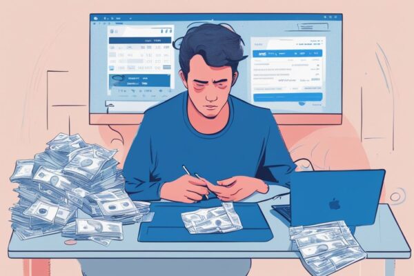 Eine Person sitzt an einem Schreibtisch mit Rechnungen und Laptop, zeigt einen sinkenden Kredit-Score, was passiert mit Kredit bei Privatinsolvenz.