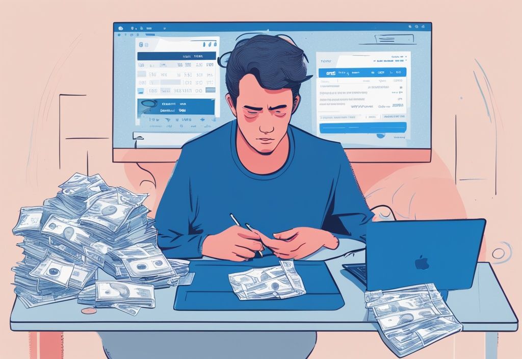 Eine Person sitzt an einem Schreibtisch mit Rechnungen und Laptop, zeigt einen sinkenden Kredit-Score, was passiert mit Kredit bei Privatinsolvenz.