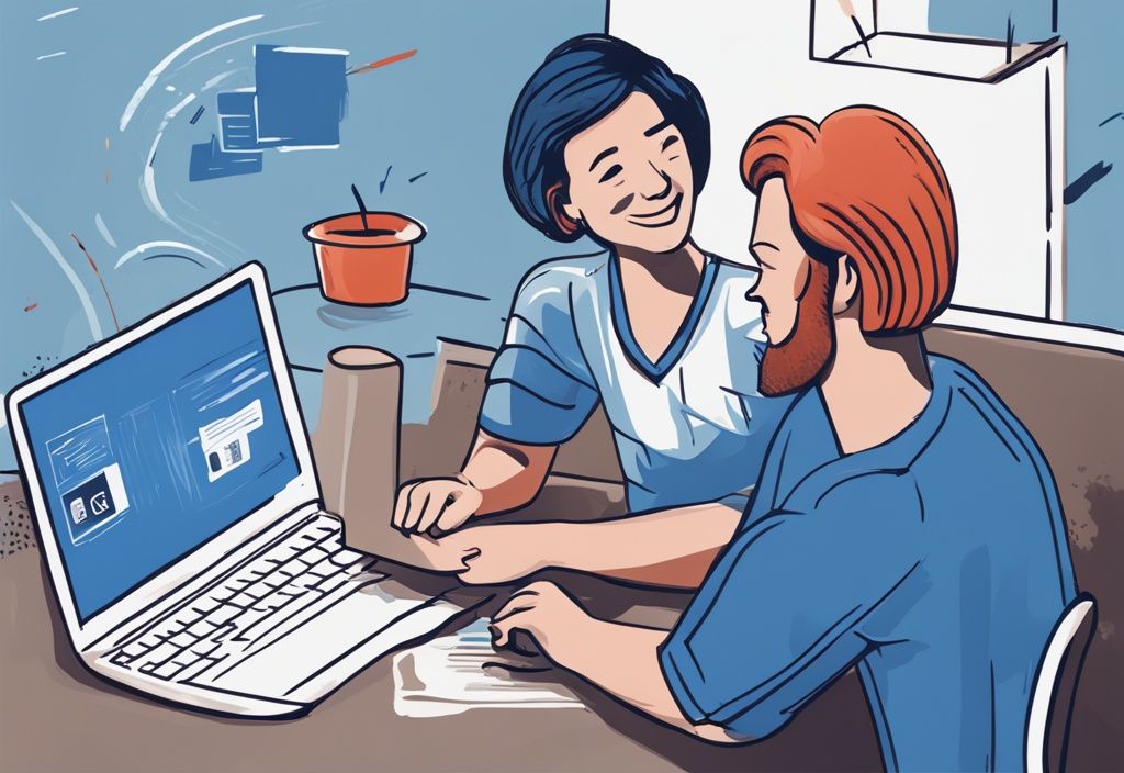 Zufriedener Kunde nutzt Comdirect Kredit-Benutzeroberfläche auf Laptop, digitale Illustration in Blau.