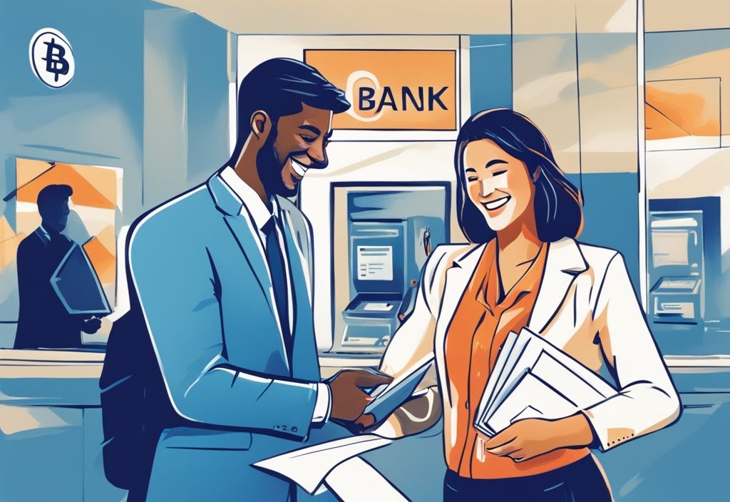 Zufriedene Person vor freundlichem Bankvertreter mit Kreditgenehmigungsdokumenten und Banklogo im Hintergrund, Kredit ohne Kontoauszug welche Bank