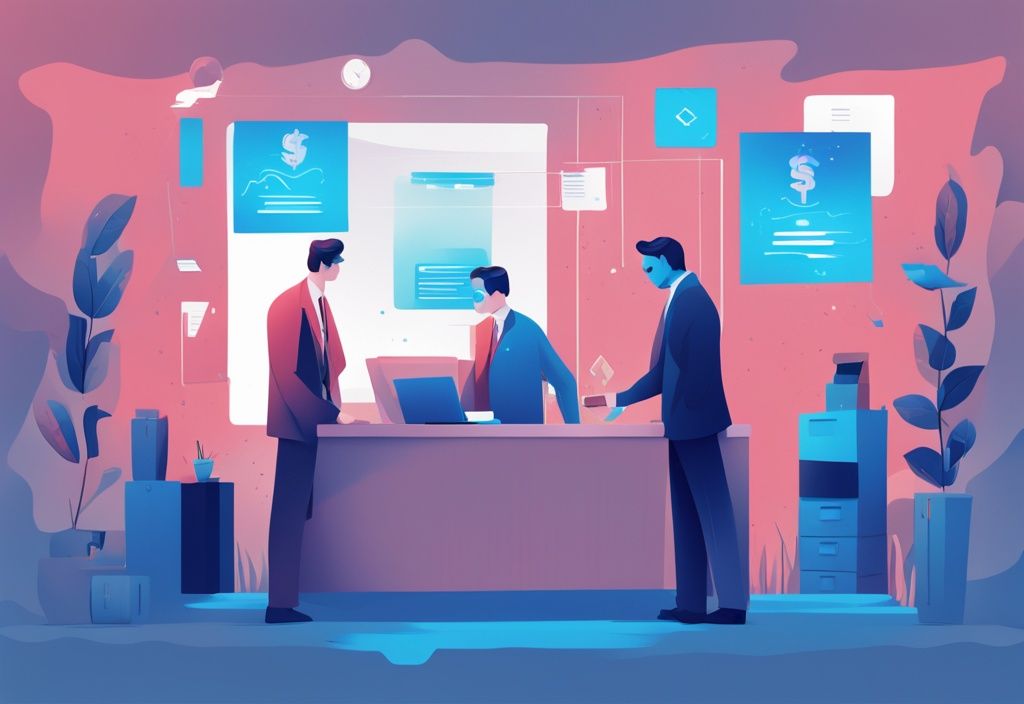 Moderne digitale Illustration des Kreditprozesses, Person erhält Geld von einer Finanzinstitution und zahlt es mit Zinsen zurück, Hauptfarbthema Blau