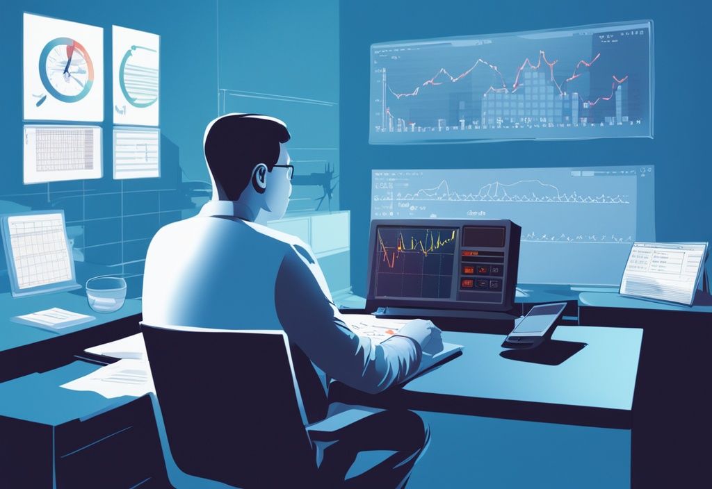 Moderner digitaler Gemäldeillustration eines Mannes, der hinter einem Schreibtisch sitzt und mit einem Taschenrechner rechnet, während auf seinem Computerbildschirm Diagramme zum Thema "was bedeutet effektiver Jahreszins bei Kredit" angezeigt werden.