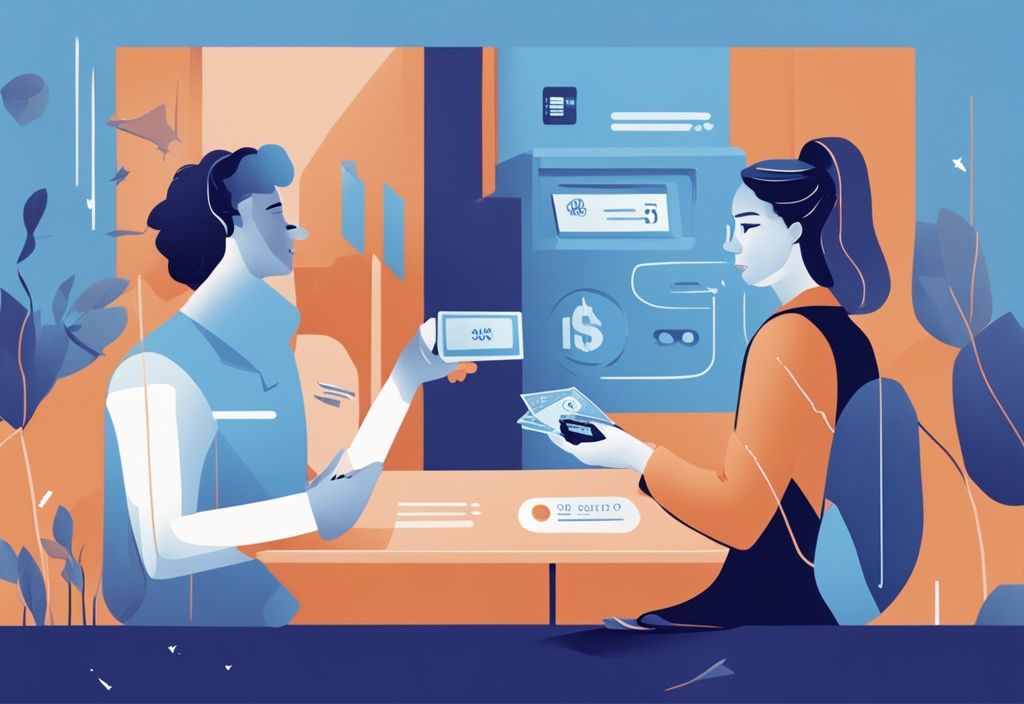 Moderne digitale Illustration in Blau: Person erhält Bankdarlehen mit Rückzahlungsplan vs. Person nutzt Kreditkarte mit monatlichen Zahlungen und Zinssätzen.